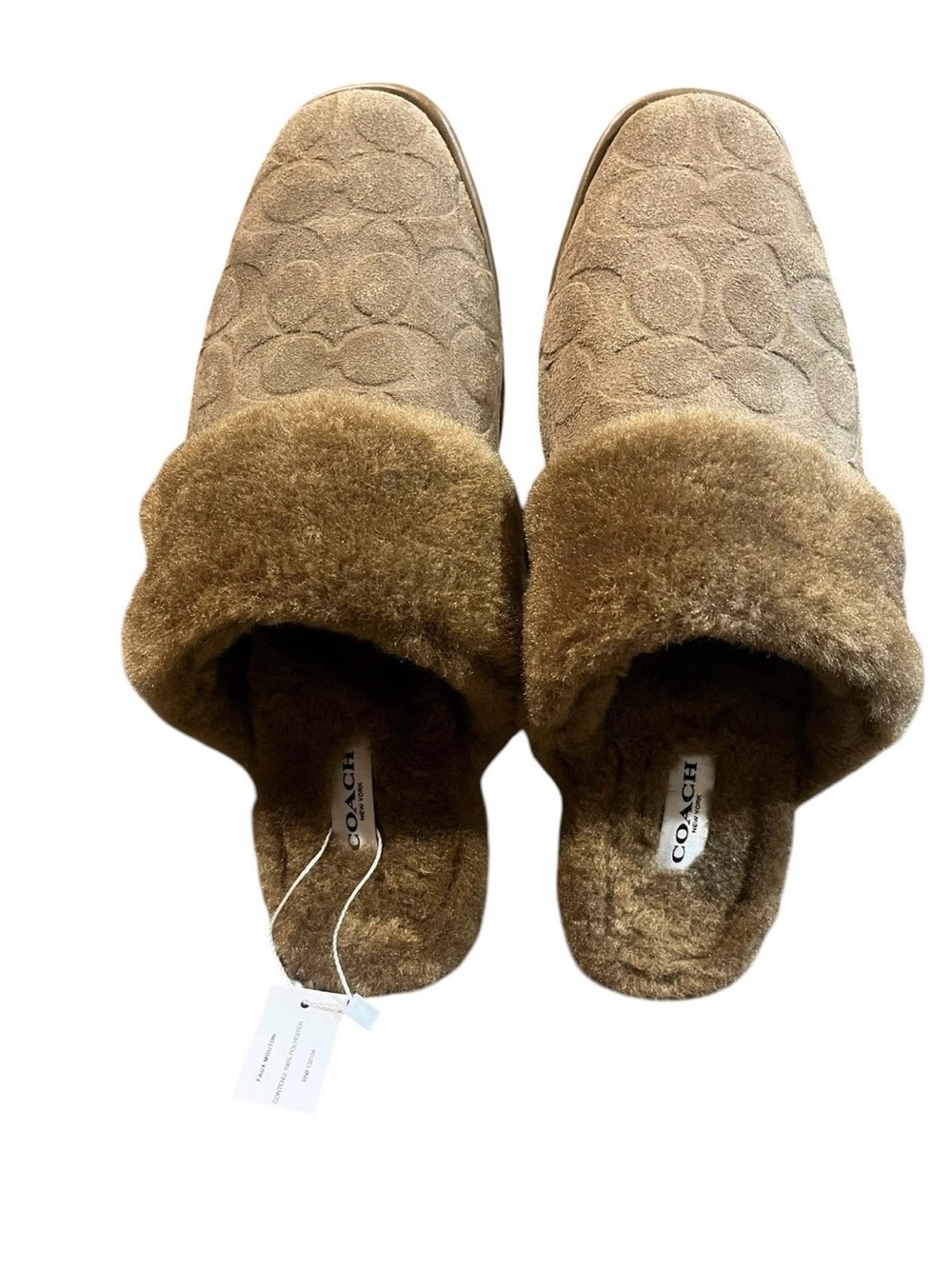 NEW Coach Ziva Mules 8B Brown Signature Suede Faux Shearling Slippers NWT